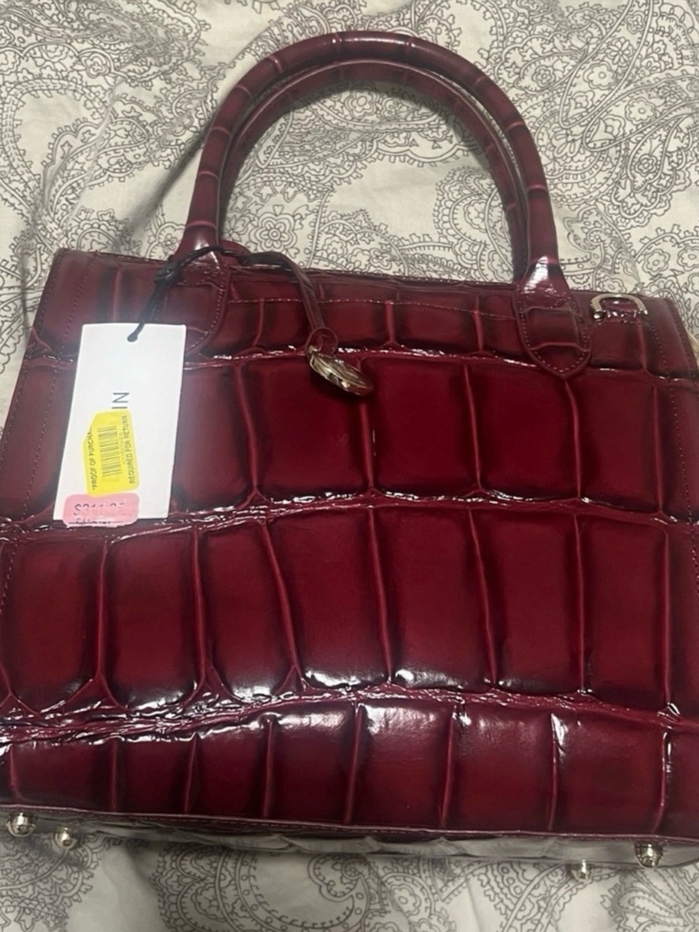 Brahmin Glossy Croc-Embossed Satchel in Deep Wine